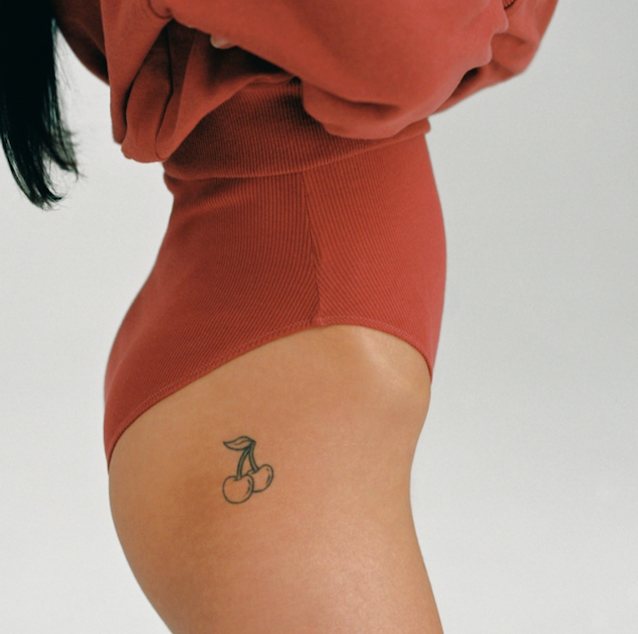 bodysuit, tattoo, cherry tattoo, ass, black hair