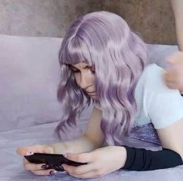 purple hair, on bed, goth, alt