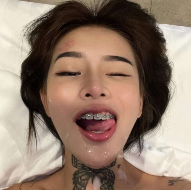 asian, tattoo, cum on face, braces