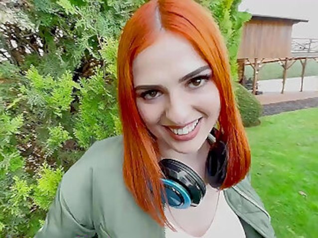 redhead, party, garden, headphones, public