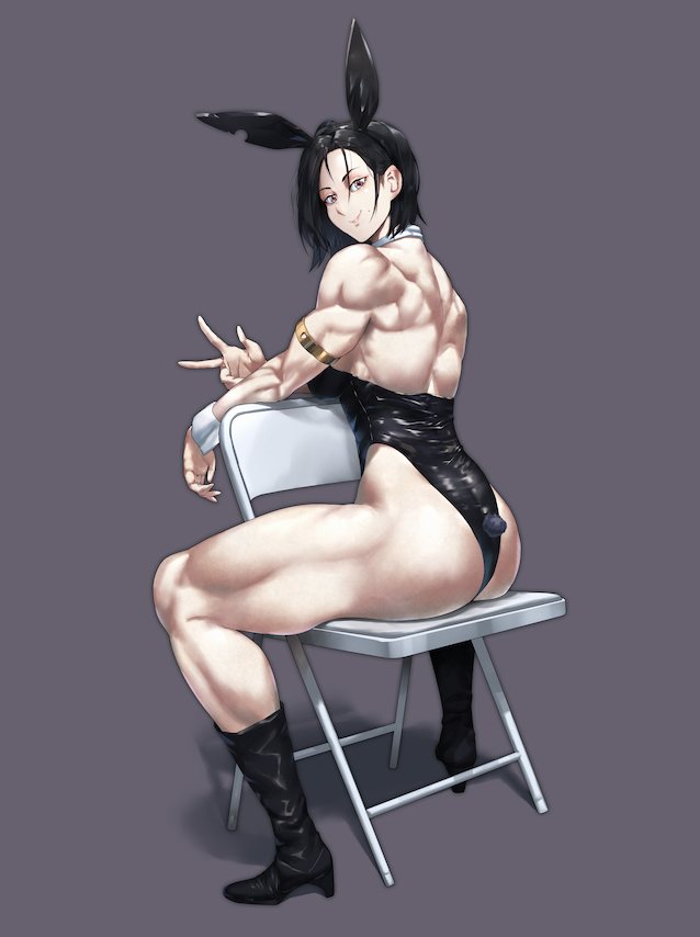 black hair, muscular, latex, leather, bunny