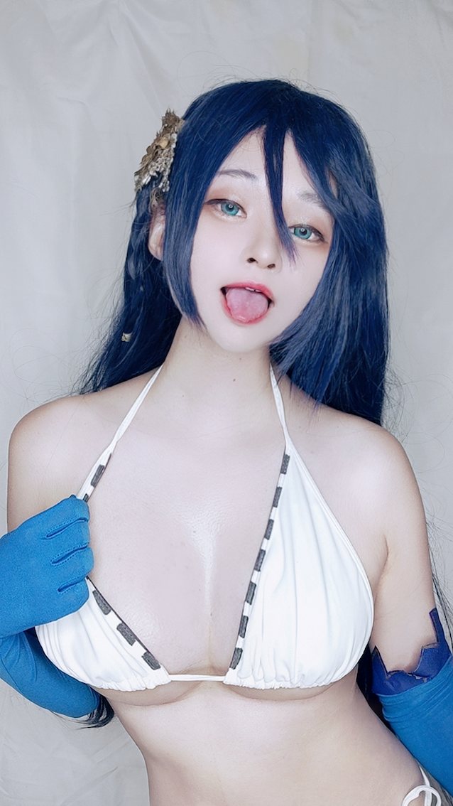 only fans, blue hair, cosplay, tougue out