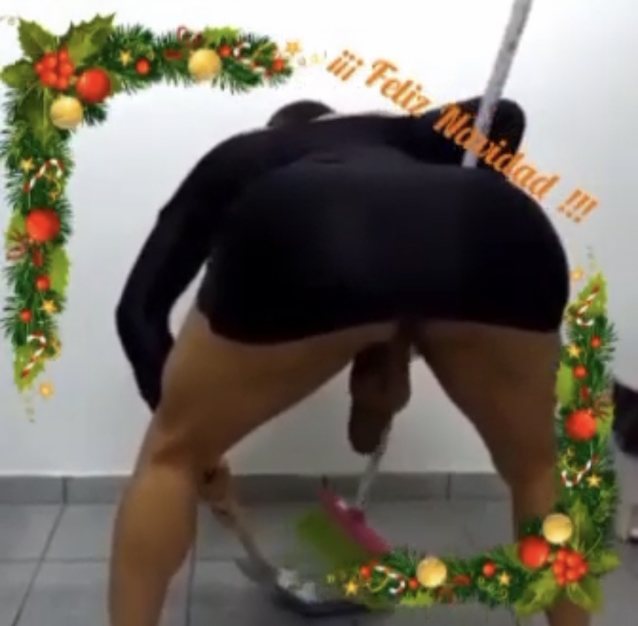 shemale, big dick, cleaning, sweeping, christmas