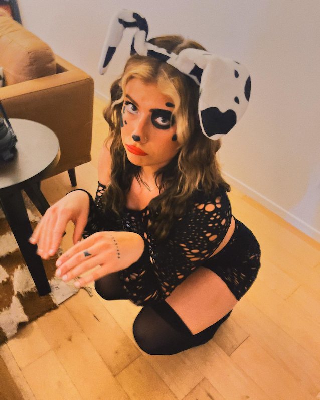 blonde, costume, kneeling