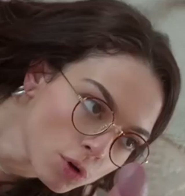 white, dark hair, cum on glasses, glasses, facial