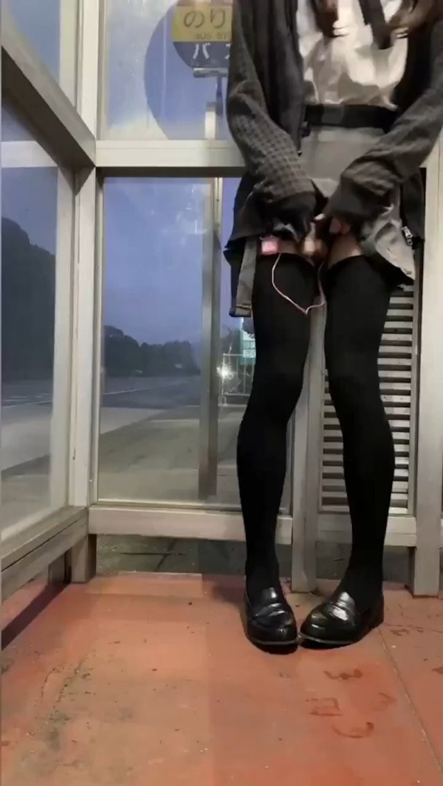 cumshot, trans, shemale, stockings, bus station