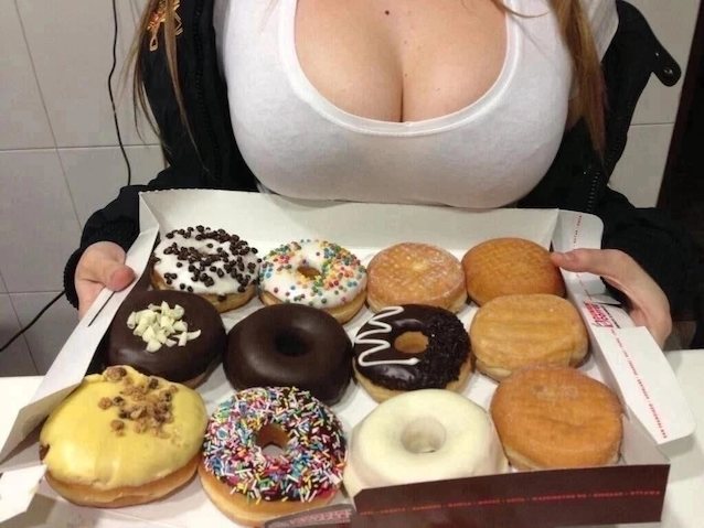 big tits, cleavage, donuts