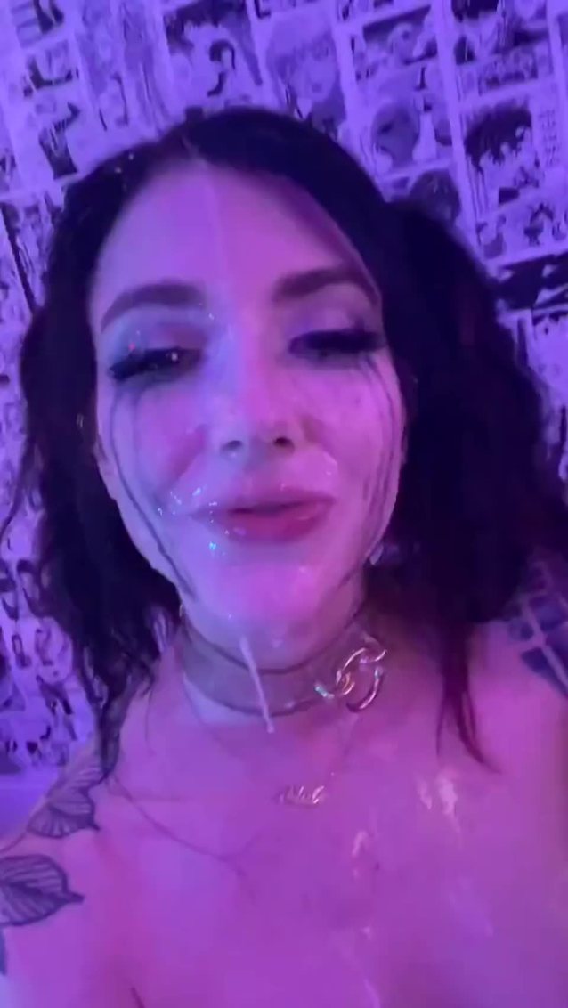 black hair, tattoos, cum on face, cumslut, mascara