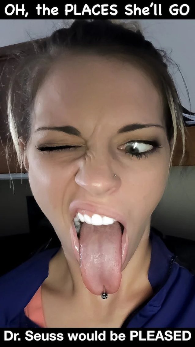 brunette, long tongue, tongue ring