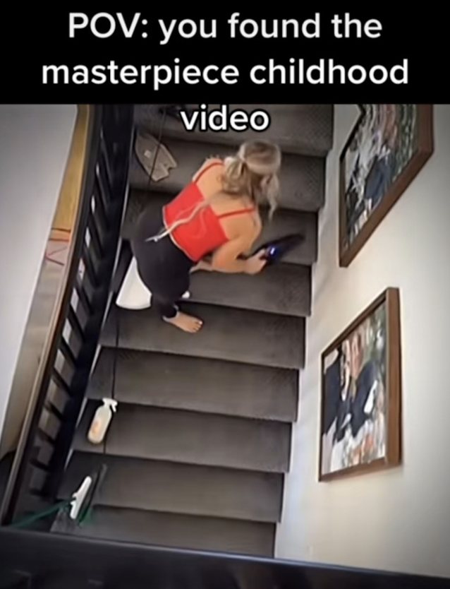 milf, blonde on stairs, tiktok, cleaning, leggings