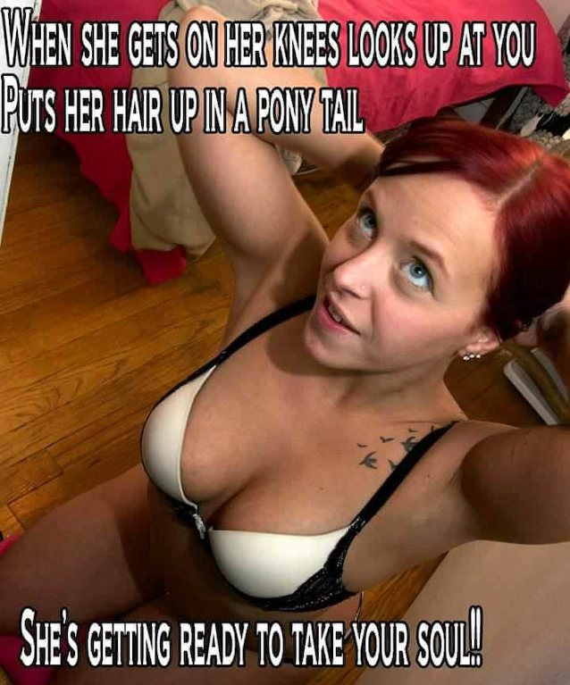 redhead, on her knees, ponytail, blowjob