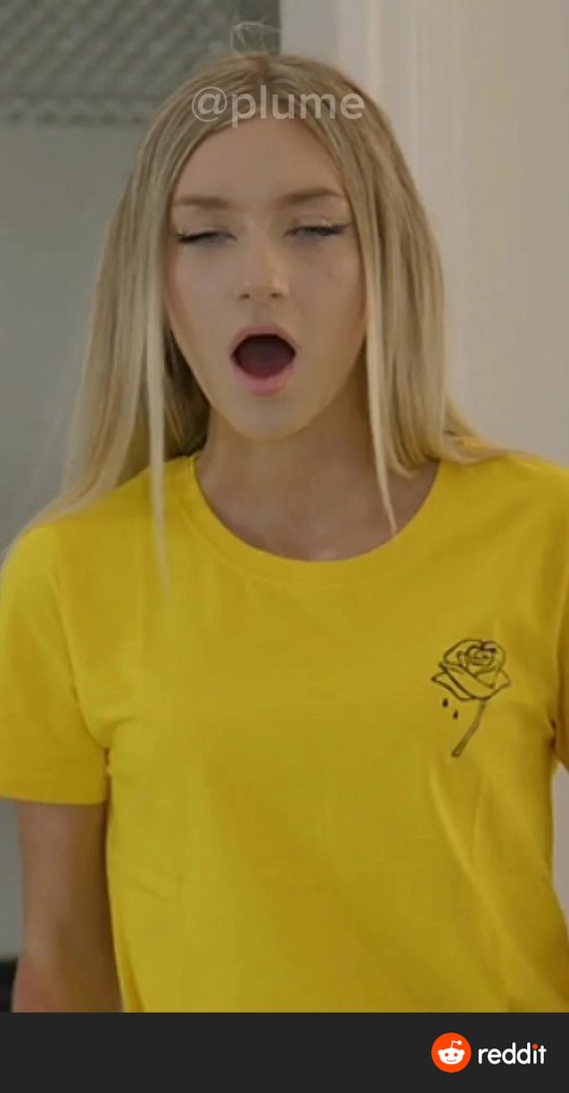 blonde, mouth open, yellow top