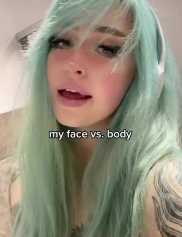 tiktok, muscle girl, green hair, tattoos, headphones