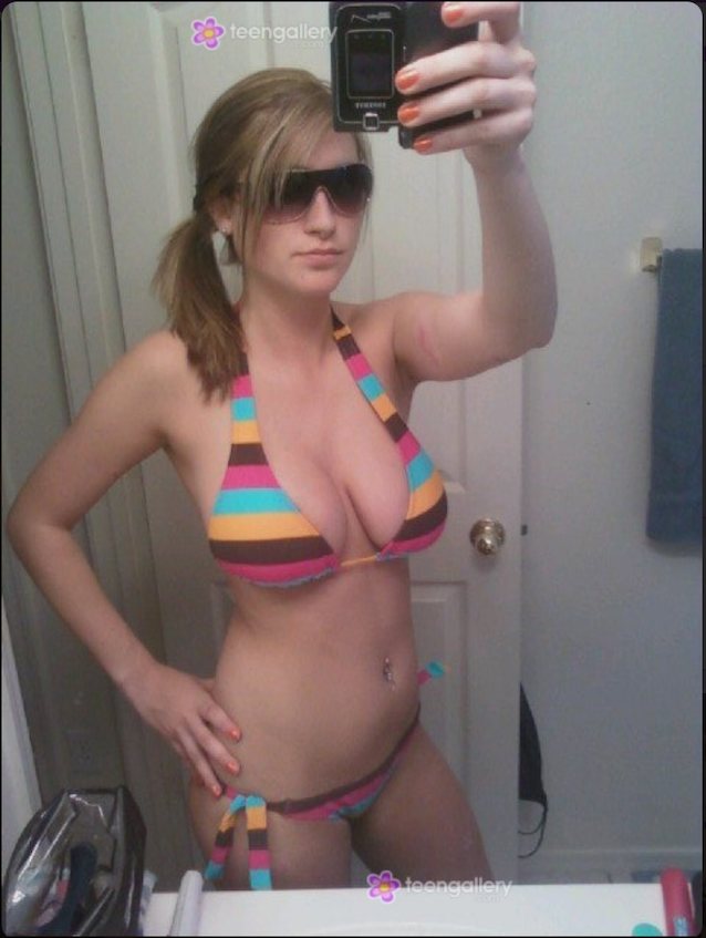 selfie, striped bikini, perfect boobs, bathroom