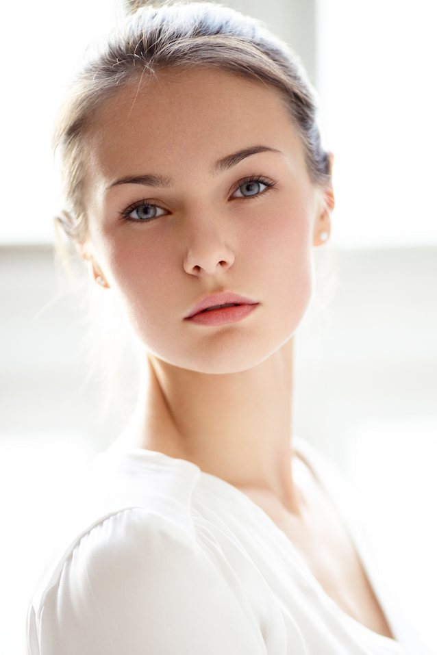 white background, white dress, small earrings