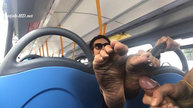 footjob, public, bus, feet, cumshot