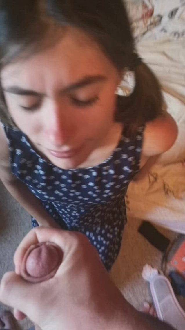 cumshot, teen, bluedress