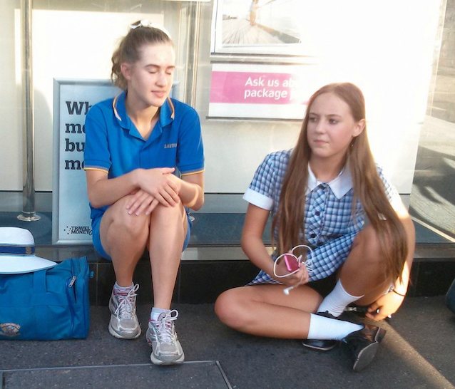 long hair, uniform, teen, cute bus stop, outside