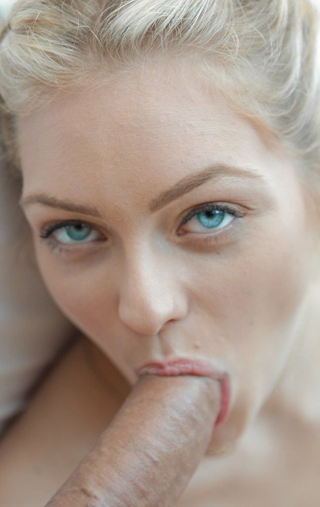 blowjob, blue eyes, blonde, bed, pretty face