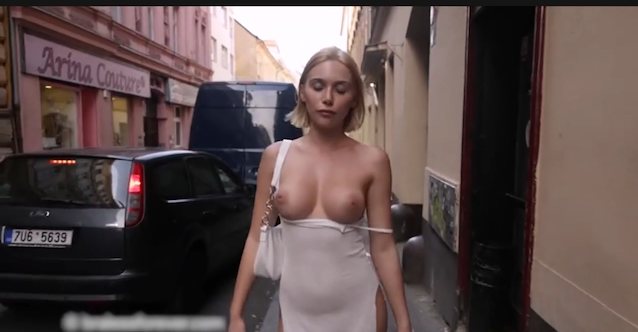 boobs, blonde, streets, nude, white dress