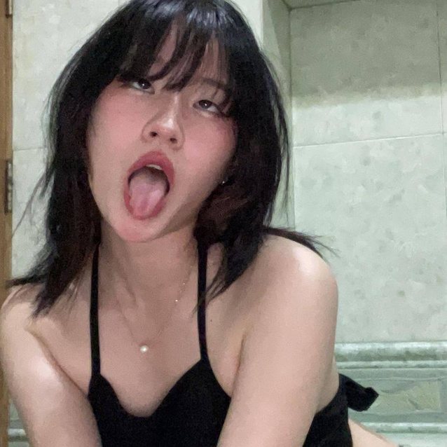 asian, black top, short hair, ahegao