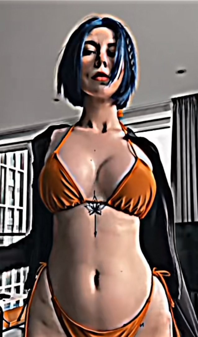 tatoo, orange bikini, blue hair, tiktok, short hair