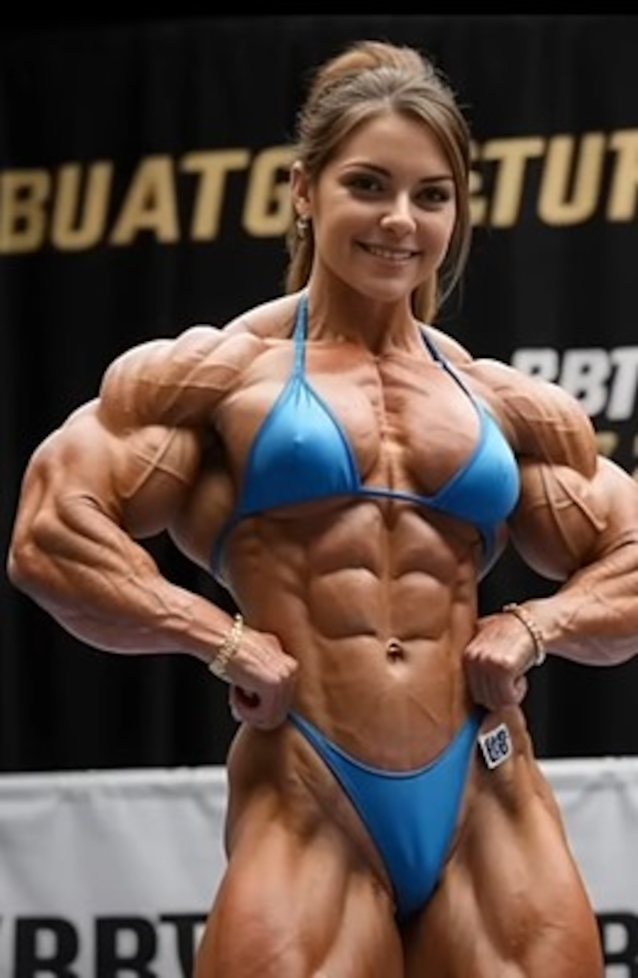 blue bikini, bikini, body builder, perfect face, muscle