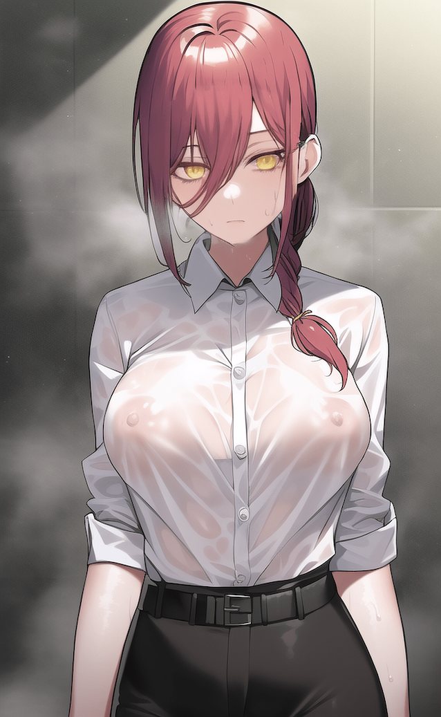 redhair, makima, anime, wet shirt, see through