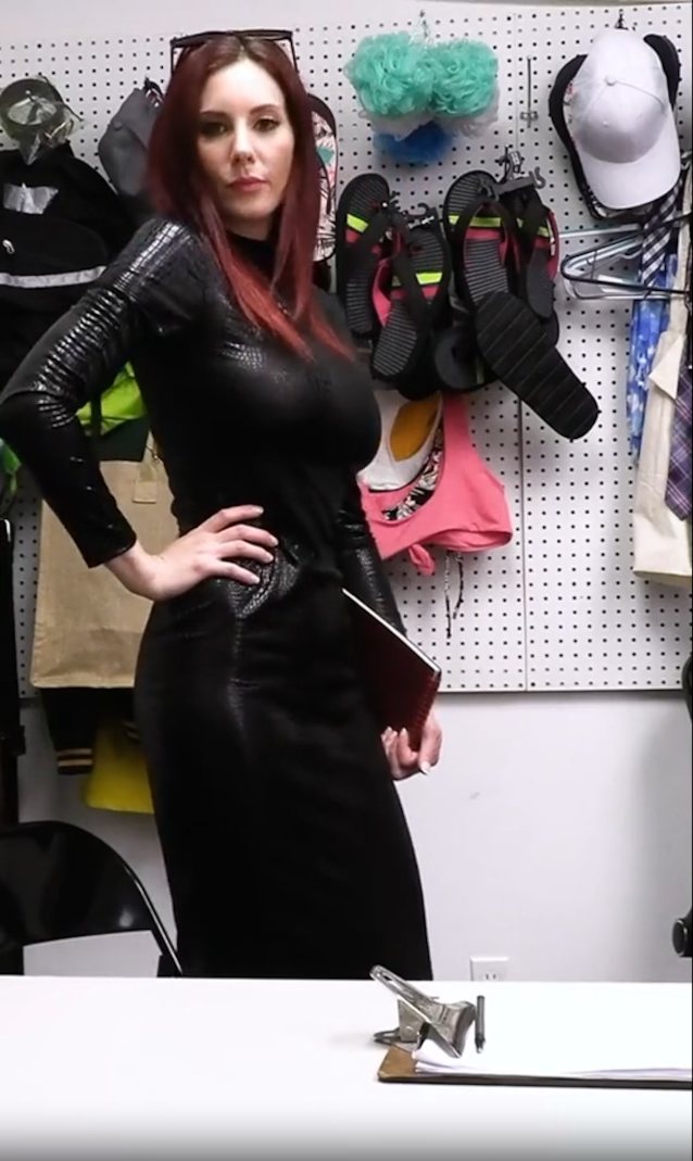 red head, black dress, office, leather, latex