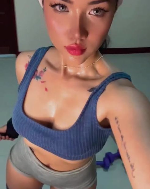 sweaty, tattoo, big tits, sport bra, selfie