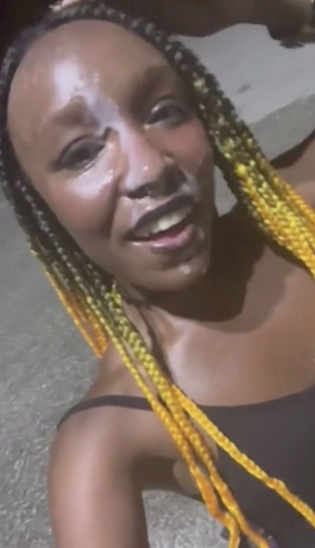 ebony, cumshot, facial, public, braids