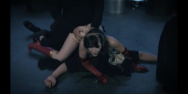 superheroine, fight, belly punch, black hair, villains