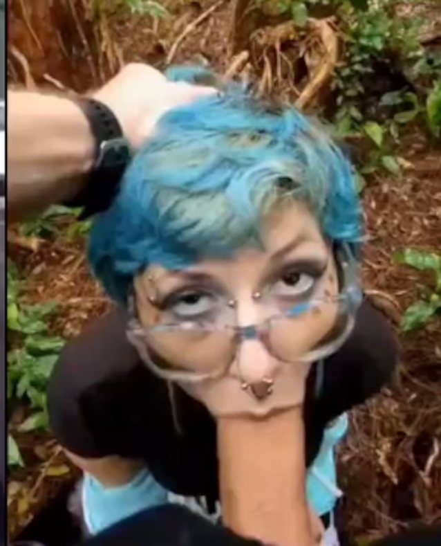 emo, blowjob, glasses, blue hair, looking at viewer