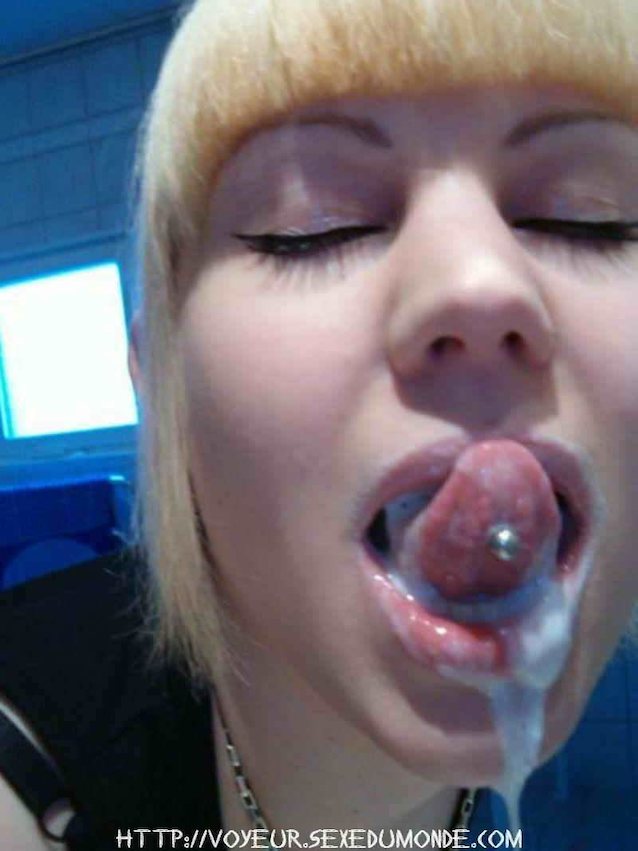 blonde, emo girl, tongue piercing, cum