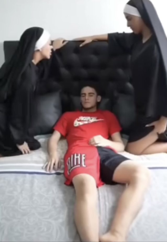 bed, threesome, 3some, nun, big ass