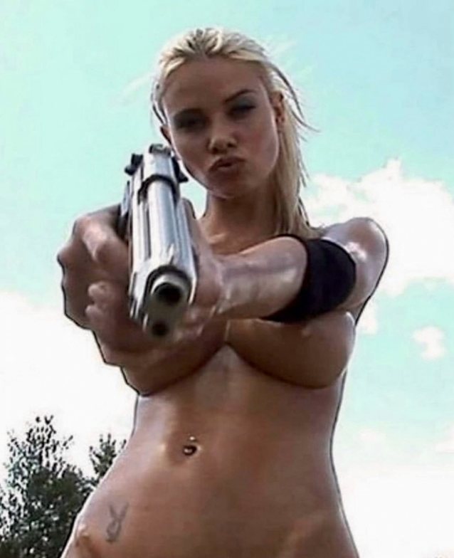 blonde, oiled, lubed, fake boobs, gun