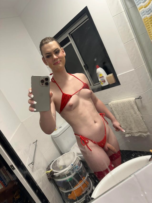 red, bikini, shaved, uncut, sissy