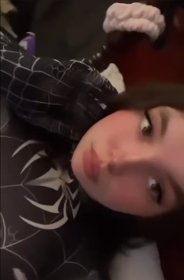 masturbation, dark hair, spidergirl costume, black panties, dark eyes