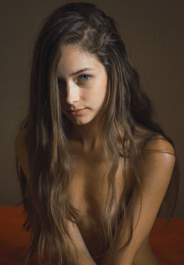 brunette, long hair, small tits, perky, green eyes