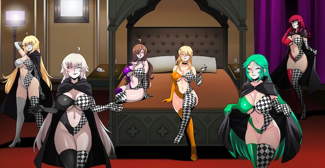 hentai, multiple girls, masks, bed