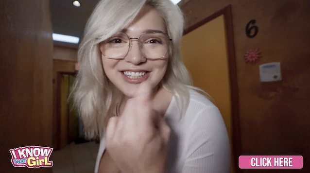 porn ad, big tits, glasses, platinum hair, public