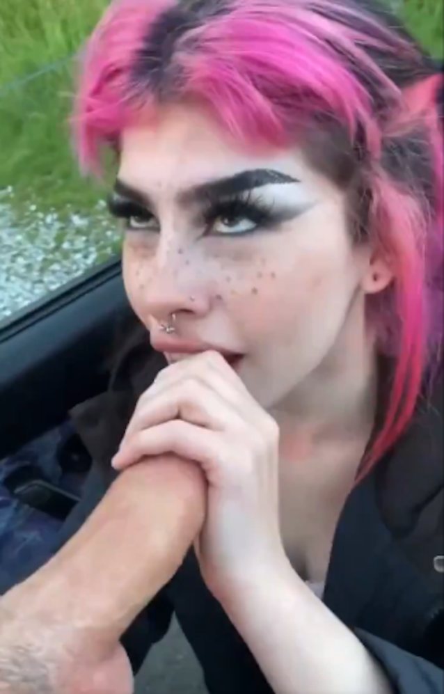 blowjob, public, pink hair