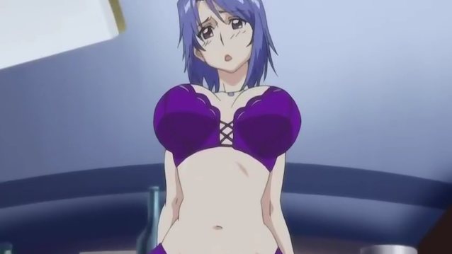 hentai, drawn, blue hair, lingerie, big tits