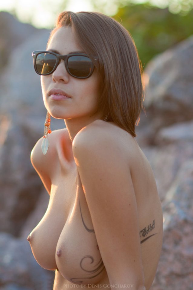 topless, inked, sunglasses