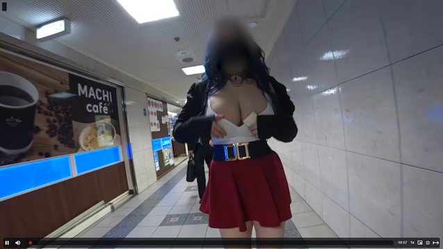 public, blue hair, choker, red skirt, big boobs