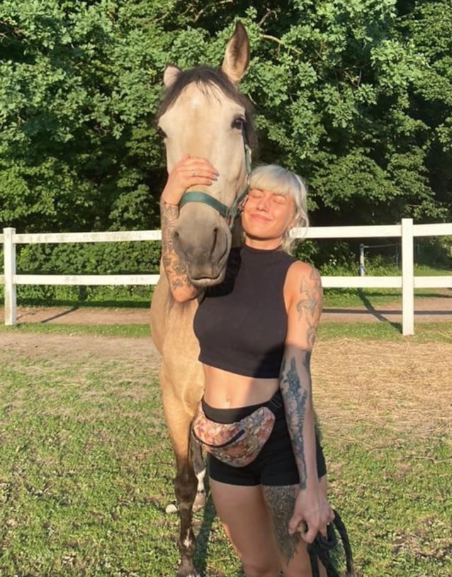 blonde, bangs, tattoos, crop top, shorts