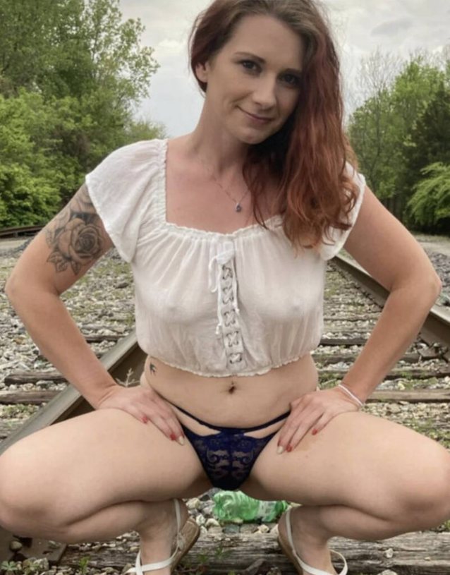 brunette, railroad, white top, black panties, white shoes