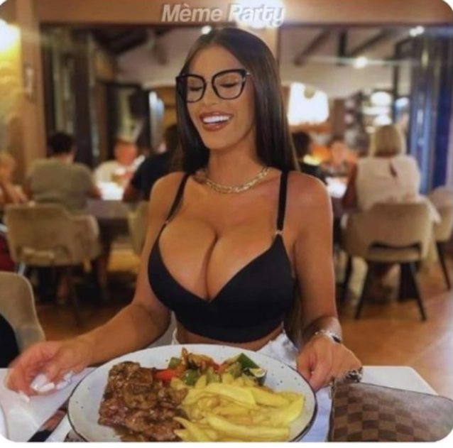 brunette, glasses, huge tits, cleavage, restaurant