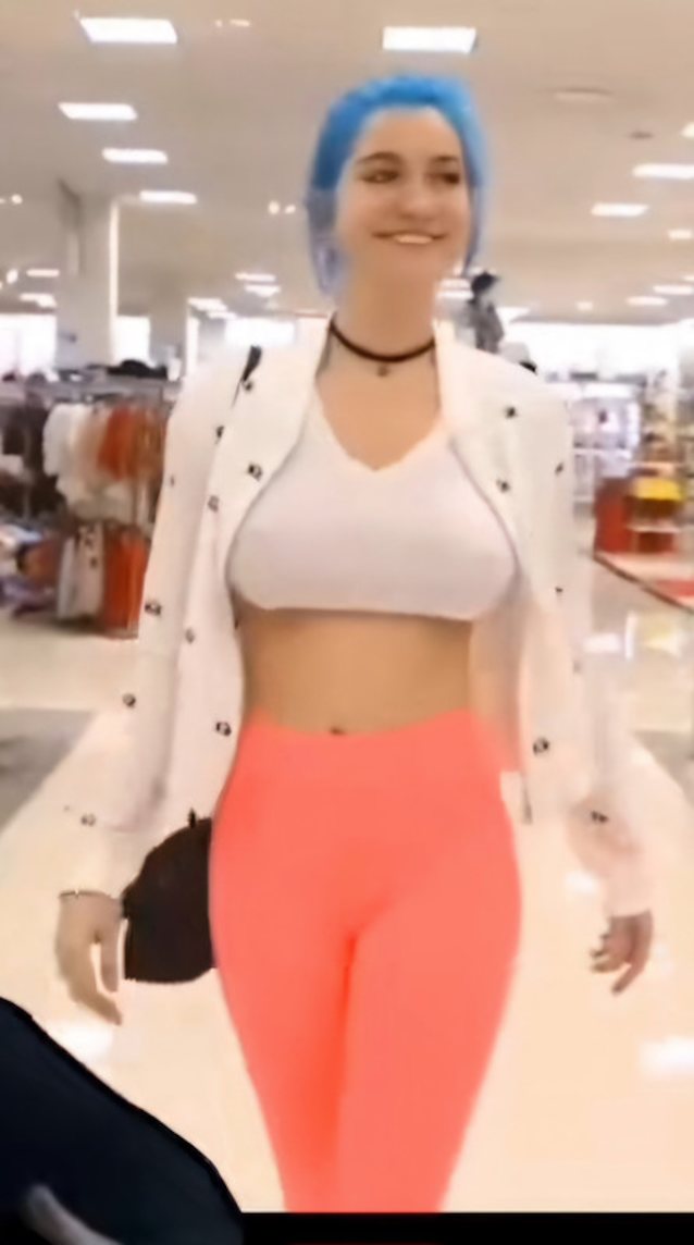 blue hair, big boobs, white tshirt, mall, orange