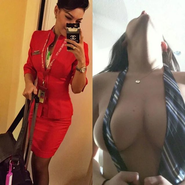 airhostess, tie, big tits, before and after, hot